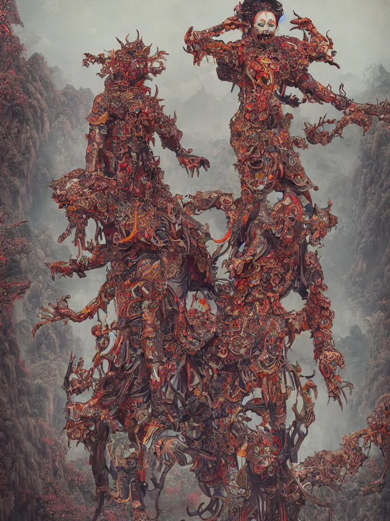 Prompt: chinese zombies with luxuriant full - body official clothes of the qing the devil of nanotechnology, dynasty, a incredible symmetrical concept design, psychedelic, highly detailed upper body, cinematic film, mattepainting, photobash, rendered in octane, by mucha