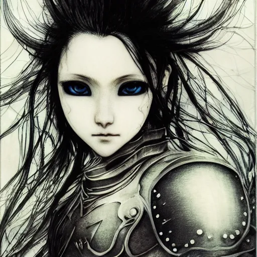 Prompt: yoshitaka amano realistic illustration of an anime girl with black eyes, wavy white hair fluttering in the wind and cracks on her face wearing elden ring armour with engraving, abstract black and white patterns on the background, noisy film grain effect, highly detailed, renaissance oil painting, weird portrait angle, blurred and dreamy portrait, three quarter angle portrait