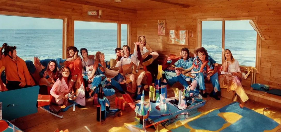 Image similar to first-person perspective view of happy people wearing discowear having a party inside of a 1970s luxury a-frame cabin with a soviet computer console on the wall, large windows, an exterior of a sunlit ocean beach, ektachrome photograph, f8 aperture