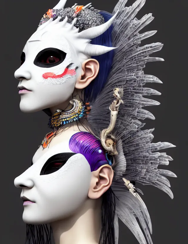 Image similar to 3 d goddess close - up profile simple portrait punk with mohawk with ram skull. beautiful intricately detailed japanese crow kitsune mask and clasical japanese kimono. betta fish, jellyfish phoenix, bio luminescent, plasma, ice, water, wind, creature, artwork by tooth wu and wlop and beeple and greg rutkowski