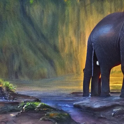 Image similar to an elephant dreaming of a waterfall at dusk