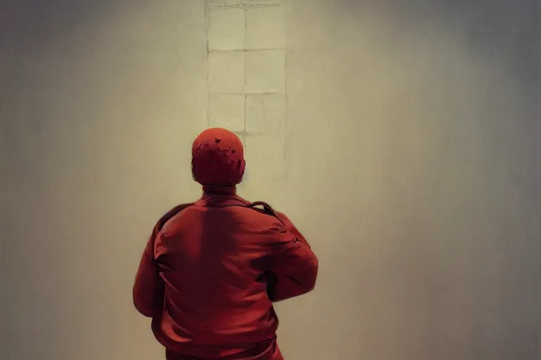 Prompt: a uyghur prisoner, in the style of beksinski, parts by edward hopper, parts by rodcenko, parts by yue minjun, intricate and epic composition, symmetrical, red by caravaggio, insanely quality, highly detailed, masterpiece, red light, artstation, 4 k