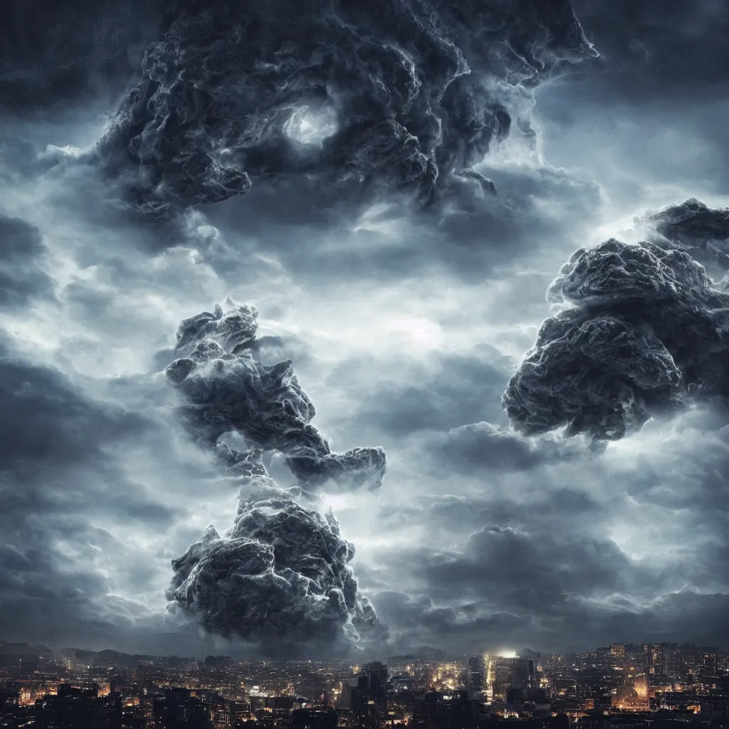 Image similar to A 600 meter cloud monster fighting against a 500 meter Rock monster infront of 10000 people in the city at night, photoreal