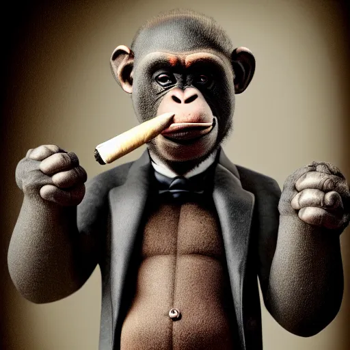 Image similar to a high detail photo of an antropomorphic chimp wearing a suit smoking a cigarrette, subject= chimp, subject detail: wearing a suit, subject action: smoking a cigar, photorealism, dramatic lighting, award winning photograph, trending on artstation