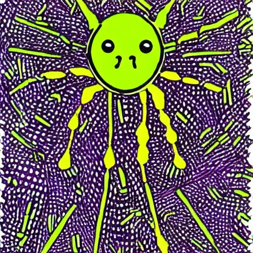 Prompt: an alien creature that looks like stick-man and an ant, purple-orange-green, drawn from lines that looks like bottles.