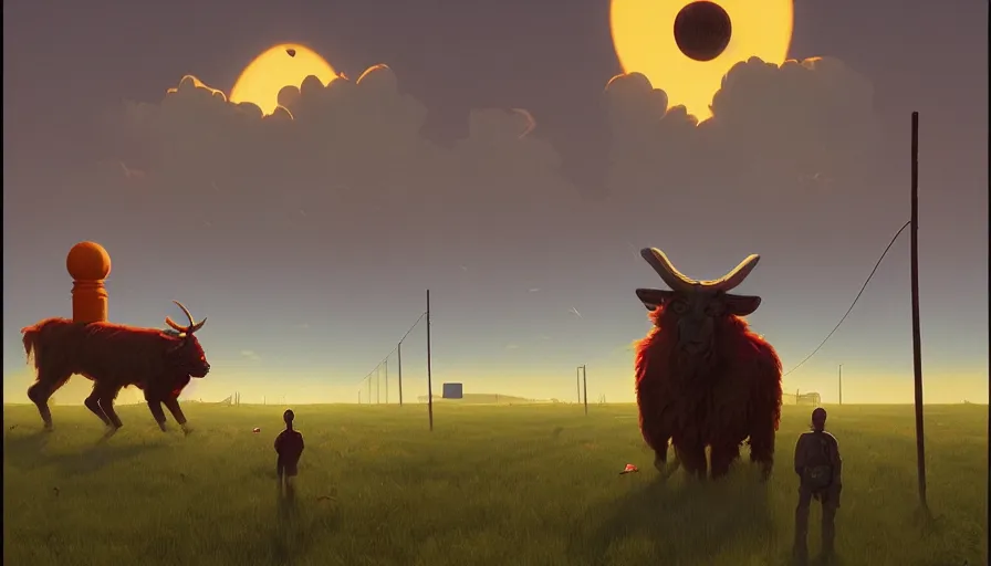 Image similar to baphomet in the sky, blocking the sun, simon stalenhag