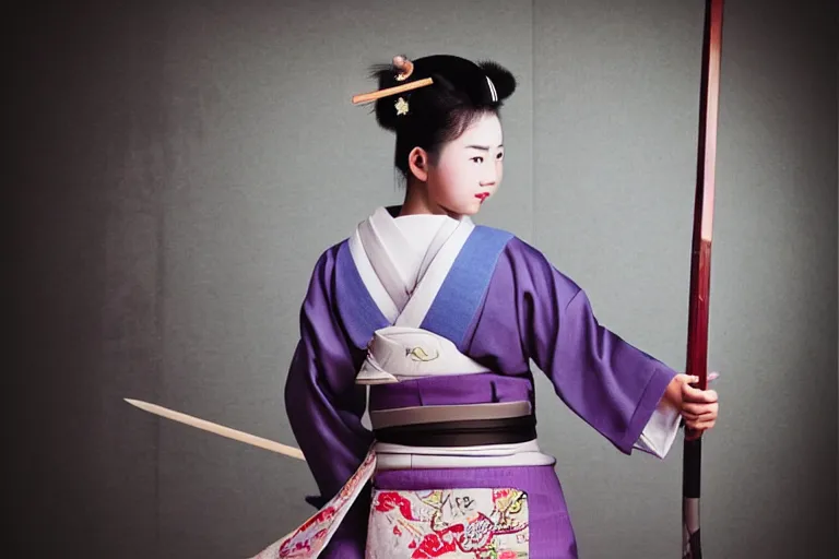 Prompt: beautiful photo of a young modern geisha samurai practising the sword in a traditional japanese temple, mid action swing, beautiful eyes, huge oversized sword, award winning photo, muted pastels, action photography, smiling into the camera, 1 / 1 2 5 shutter speed, dramatic lighting, anime set style