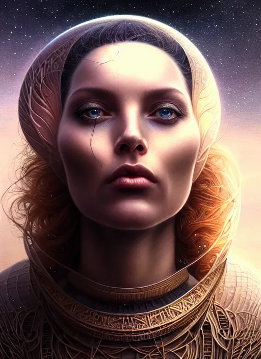 Prompt: closeup portrait shot of a beautiful cosmic woman in a scenic dystopian environment, intricate, elegant, highly detailed, centered, digital painting, artstation, concept art, smooth, sharp focus, illustration, artgerm, tomasz alen kopera, peter mohrbacher, donato giancola, joseph christian leyendecker, wlop, boris vallejo