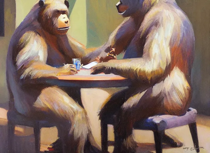 Image similar to one gorrila playing poker bear playing poker, highly detailed beautiful, by gregory manchess, james gurney, james jean