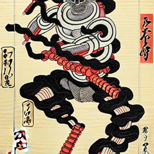 Image similar to biomechanical ukiyo - e woodblock, very detailed, hyperrealistic