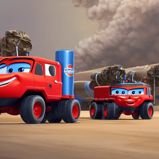 Image similar to HIMARS multiple rockets launch system, Pixar Cars character concept artwork, 3d concept, high detail iconic character, 8k octane render, overview