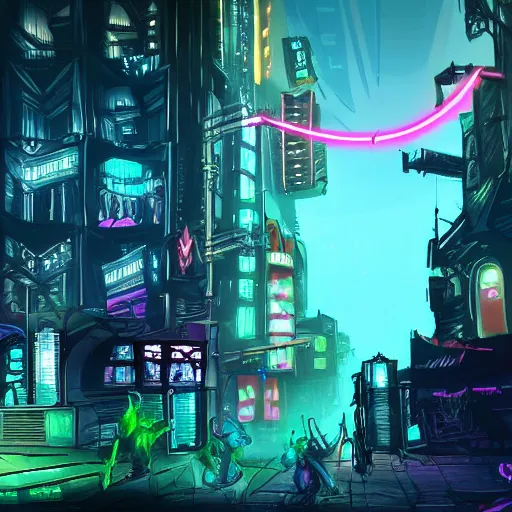 Image similar to 2 orcs in a fantasy cyberpunk city with neon lights