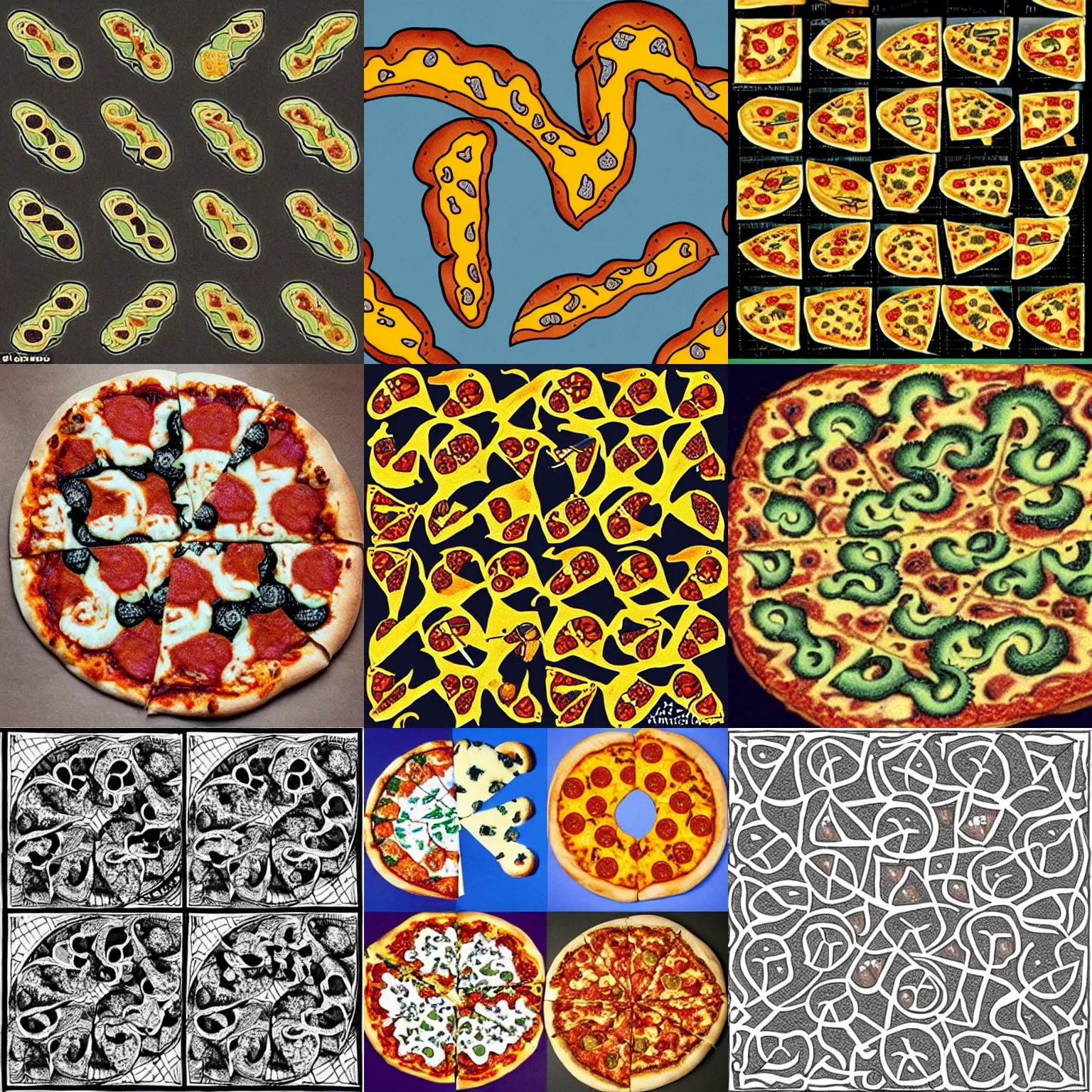 Prompt: mc escher draws infinite pizza, fractal toppings, endless cheese, always hot, mandelcheese