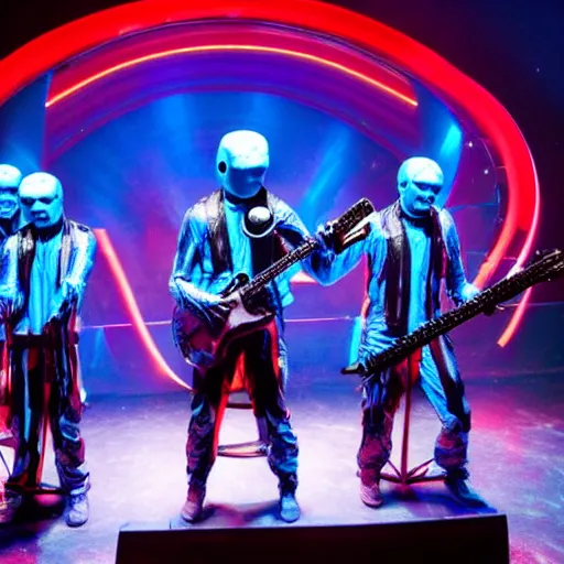 Prompt: the blue man group performing in the year 3 0 0 0, sci fi, epic