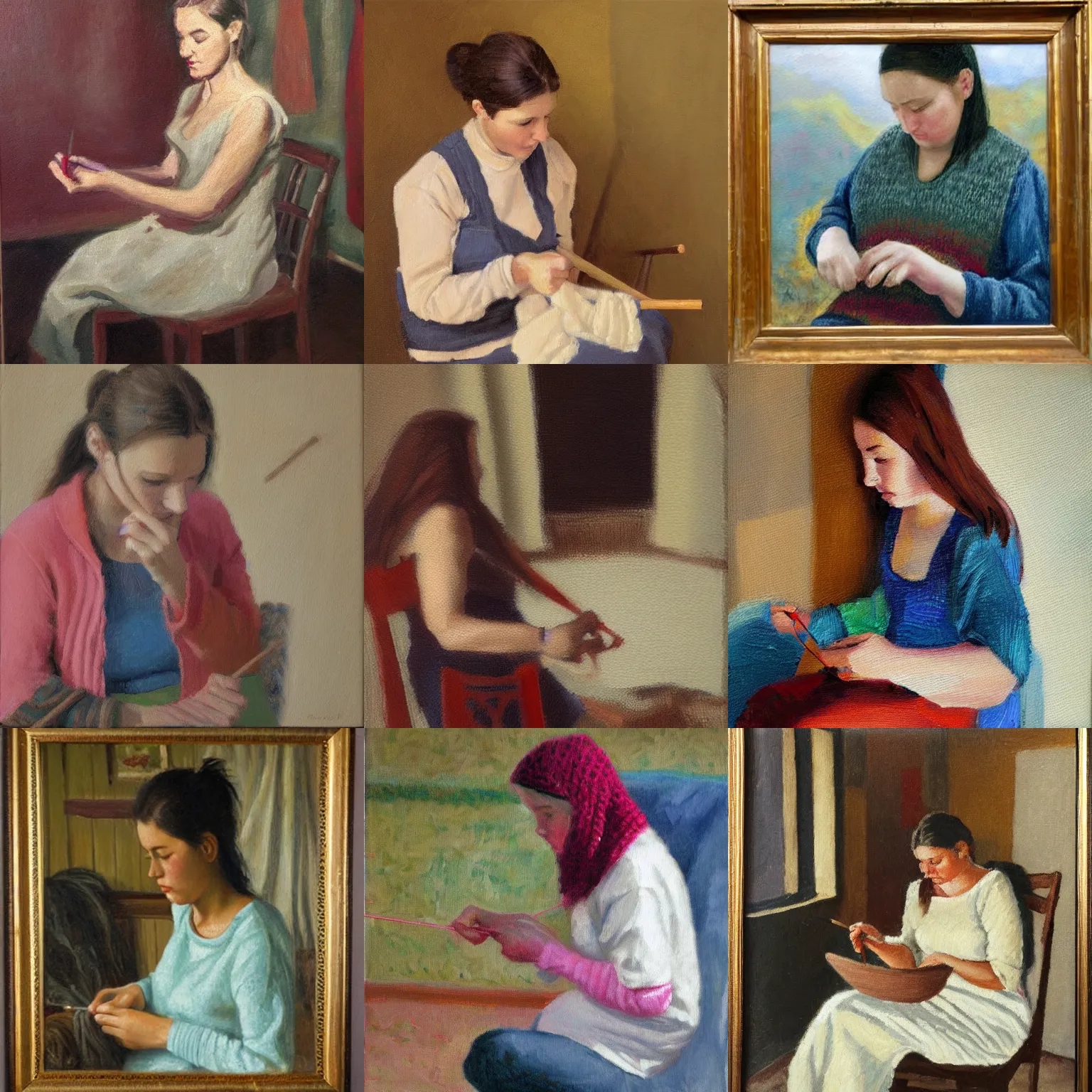 Prompt: young woman knitting, oil painting