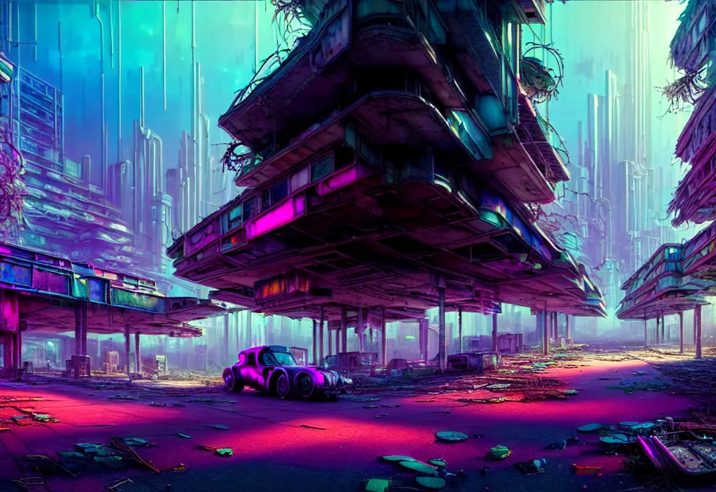 Image similar to A highly detailed crisp unreal engine render of wide view photo of A beautiful futuristic cyberpunk abandoned dystopia city building with neon bright lights, plants allover , godray, sunlight breaking through clouds, clouds, debris on the ground, abandoned machines bright happy colors, chaotic , nitid horizon, factory by wangchen-cg, 王琛,Neil blevins, artstation, Gediminas Pranckevicius