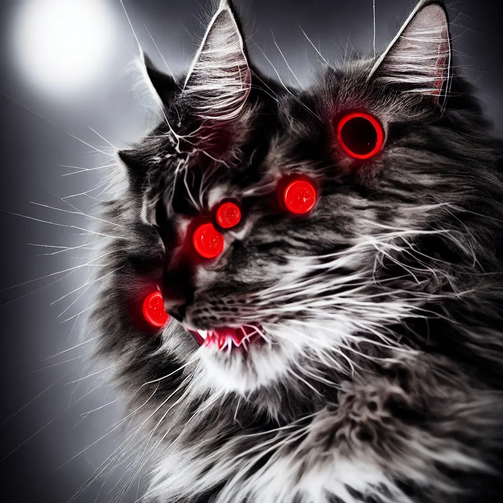 Image similar to “beautiful award-winning photo of a wise maine coon with cybernetic spider eyes and blood dripping off of its fangs. masterpiece, trending on artstation, cinematic composition, dramatic pose, volumetric lighting, sharp, details, hyper-detailed, HD, 4K, 8K ”