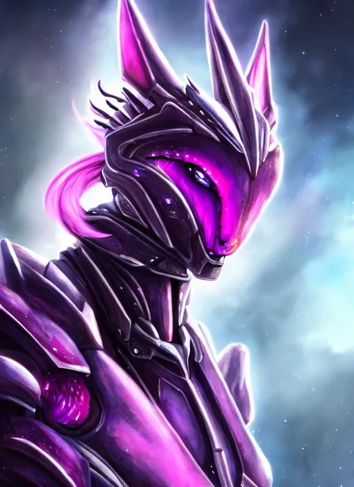 Image similar to cinematic goddess close shot, cosmic size beautiful stunning hot giant robot mecha female dragon, sharp cyborg dragon head, mawshot, metal ears, led purple eyes, smooth fuschia skin, smooth silver armor, in space, epic proportions, macro, epic size, epic scale, furry art, dragon art, giantess art, warframe fanart, furaffinity, octane