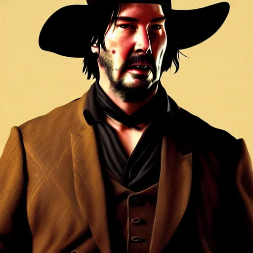 Prompt: morbidly obese keanu reeves gunfighting outlaws in the old west, elegant intricate digital painting artstation concept art by mark brooks and brad kunkle detailed