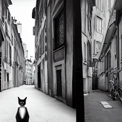 Image similar to Une photo professionnelle en noir et blanc de plusieurs chats noirs dans une ruelle de Paris , deviantart, réalisme, tendance sur artstation, éclairage volumétrique, ray tracing, 8k