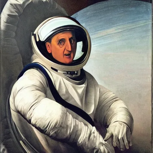 Prompt: Bertie Ahern wearing an astronaut helmet, painted by Caravaggio