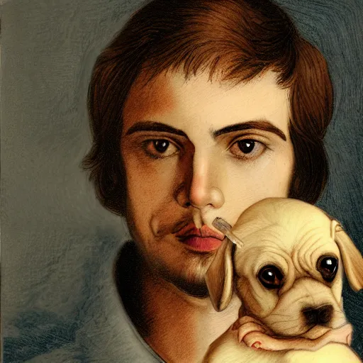 Image similar to self portrait, young white hispanic handsome man with short light brown hair and light skin and a 5 o clock shadow and holding a pug while fighting against 2 swordsmen pencil art, added detail, high definiton, colored, backfacing, illustrated by davinci