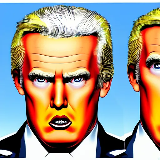 Image similar to character portrait inspired by max headroom and donald trump, digital art work made by brian bolland, highly detailed macabre face, realistic