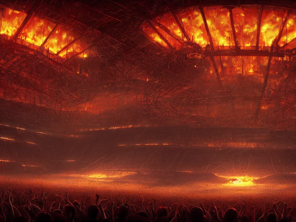 Image similar to a large concert stadium in hell, brightly lit stage centered and on fire, high contrast, stage lighting, pyrotechnics, ghibli animated film, volumetric lighting, octane render by stanley artgerm lau, greg rutkowski, thomas kindkade, alphonse mucha, loish, norman rockwel,