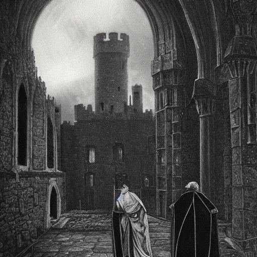 Prompt: merlin and gawain in a dark gloomy atmospheric medieval castle