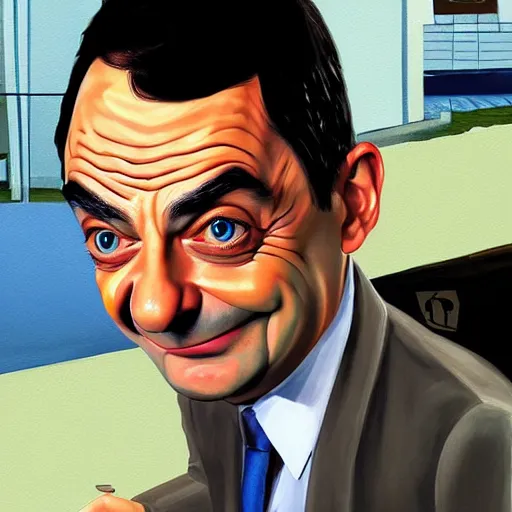 Image similar to painting of mr bean in the art style of gta 5, art by patrick brown, cell shading