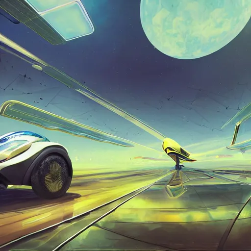 Image similar to solarpunk hovercar, clean energy, green technology, batoidea shape, airspace, sunny day, futurism, intricate, engines, glow, highly detailed, peaceful, utopia, bright, digital painting, artstation, concept art, smooth, sharp focus, epic landscape, art by akihiko yoshida and tim mcburnie and anato finnstark