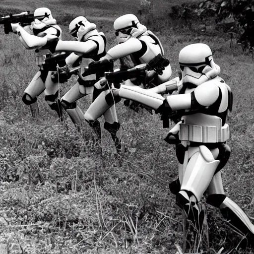 Image similar to star wars clone troopers combat soldiers in vietnam, photo, old picture, lush landscape, jungle, firearms, explosions, helicopters, aerial combat, active battle zone, flamethrower, air support, jedi, land mines, gunfire, violent, star destroyers, star wars lasers, sci - fi, jetpacks, agent orange, bomber planes, smoke, trench warfare