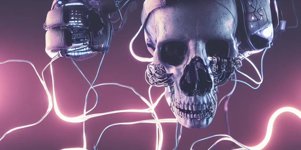 Image similar to a photorealistic cyberpunk skull with electronic wires and cables coming out of it, eyes lighting up with LED lights, in a seedy cellar lab, vaporwave, scifi, trending on artstation, 4K, cinematic, epic lighting, UHD, HDR