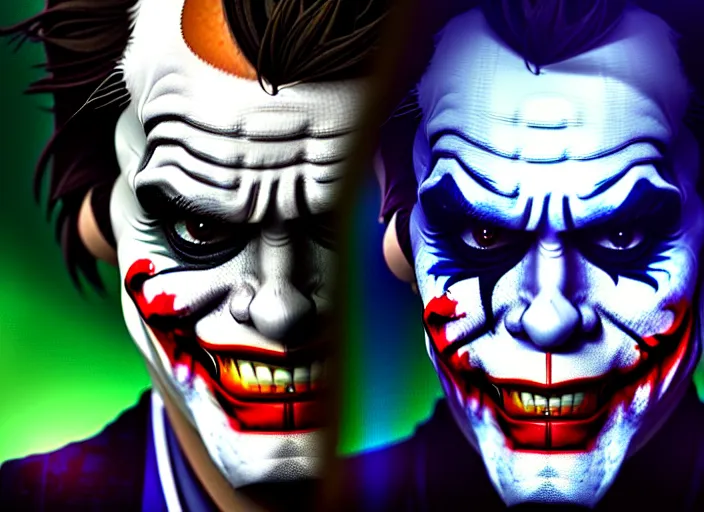 Image similar to a film still portrait of jim carrey joker, finely detailed features, closeup of face, cinematic lighting, perfect art, night cyberpunk city, intricate, anime, gapmoe grimdark, artstation, trending on pixiv fanbox, painted by greg rutkowski makoto shinkai takashi takeuchi studio ghibli, akihiko yoshida, 4 k