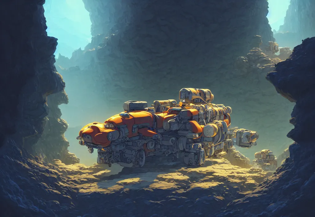 Prompt: chubby futuristic mining cart in a dark cave with piles of rocks in the background, intricate oil painting, high detail illustration, sharp high detail, manga and anime 1 9 9 9, official fanart behance hd artstation by jesper ejsing and makoto shinkai, 4 k,