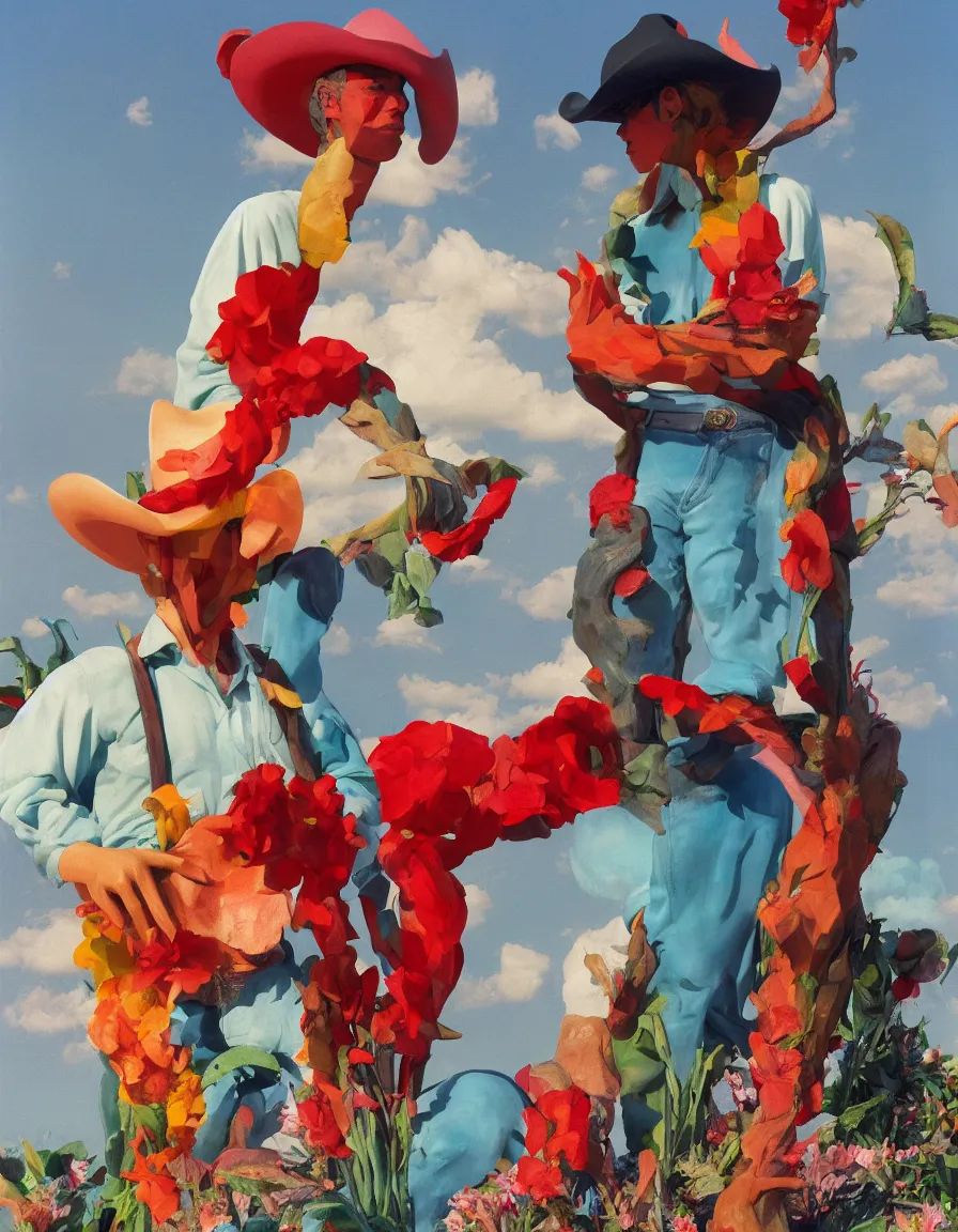 Prompt: a cowboy turning into blooms by slim aarons, by zhang kechun, by lynda benglis. tropical sea slugs, angular sharp tractor tires. complementary colors. warm soft volumetric light. national geographic. 8 k, rendered in octane, smooth gradients. greek sculpture of a manly cowboy by edward hopper and frank frazetta. red accents.