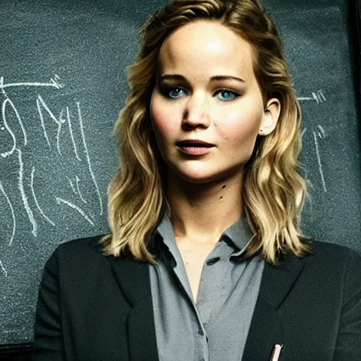 Image similar to the first still from the professor, directed by christopher nolan, shows jennifer lawrence at a chalkboard, 4 k