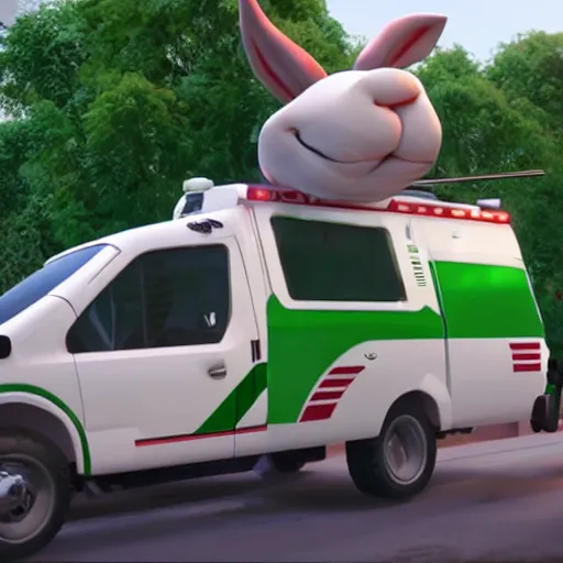 Prompt: big chungus meme, anthropomorphic ambulance shaped like big chungus, fat bugs bunny shaped ambulance, highly detailed 3 d render, unreal engine 5