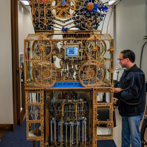 Image similar to a random pointlessly elaborate intricate contraption pneumatic machine with no apparent purpose, being operated by a scholarly looking man with a clear directed gaze, xf iq 4, f / 5. 4, iso 2 0 0, 1 / 1 6 0 s, 8 k, raw, unedited, symmetrical balance, in - frame