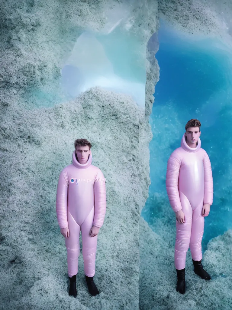 Prompt: high quality pastel coloured film portrait photograph of one beautiful young 2 0 year old male, soft features, short hair, wearing perspex space suit and oversized inflated clothing!! icelandic black rock pool environment. atmospheric three point light. photographic. art directed. ( pastel colours ). volumetric. clearcoat. waves. 8 k. filmic.