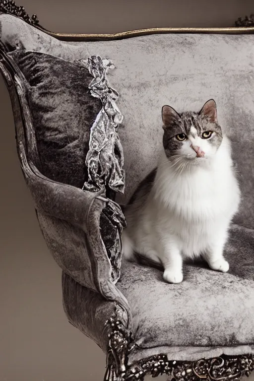 Image similar to a silver gelatin photo portrait of a royal cat, editorial photo from cat lovers magazine, outrageously fluffy, on an embroidered velvet cushion on a neo - rococo gilded little bed, photography, wide shot