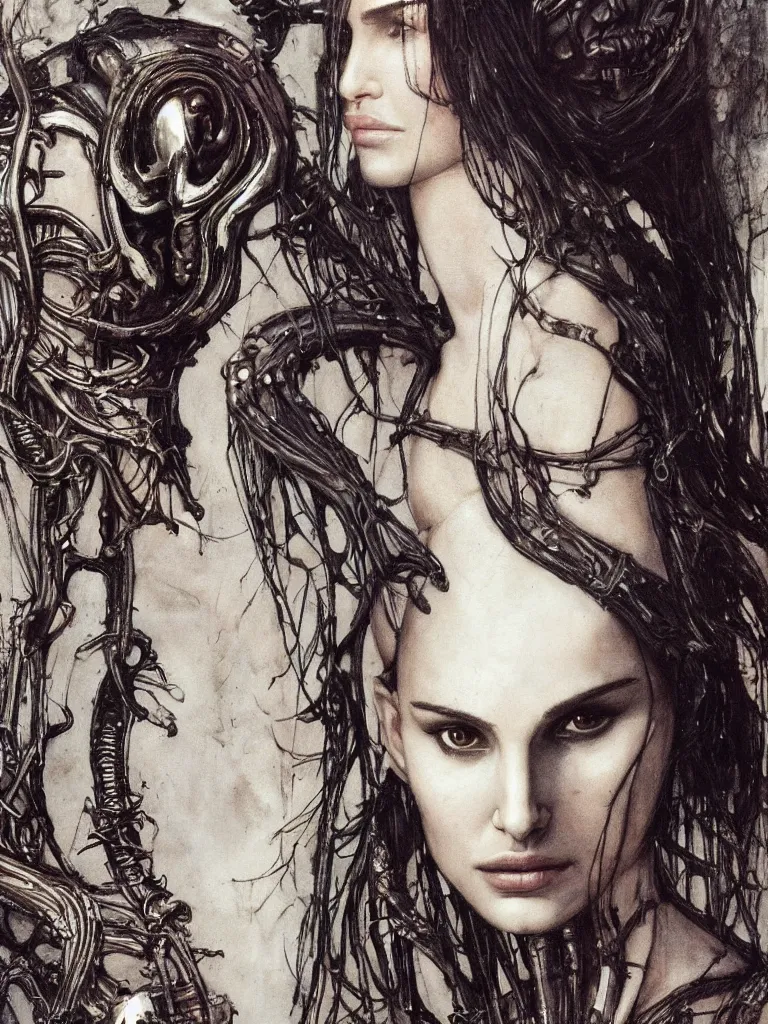 Image similar to a beautiful portrait of natalie portman with a xenomorph queen by h.r. giger and by arthur rackham and by john william waterhouse, detailed, proportional, trending on art station, 4k