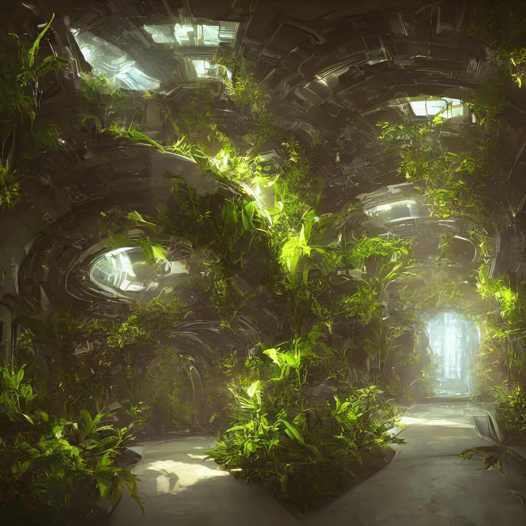 Image similar to science fiction spaceship corridor colorful alien strange plants vegetation infestation, gloomy unreal engine, cinematic lighting