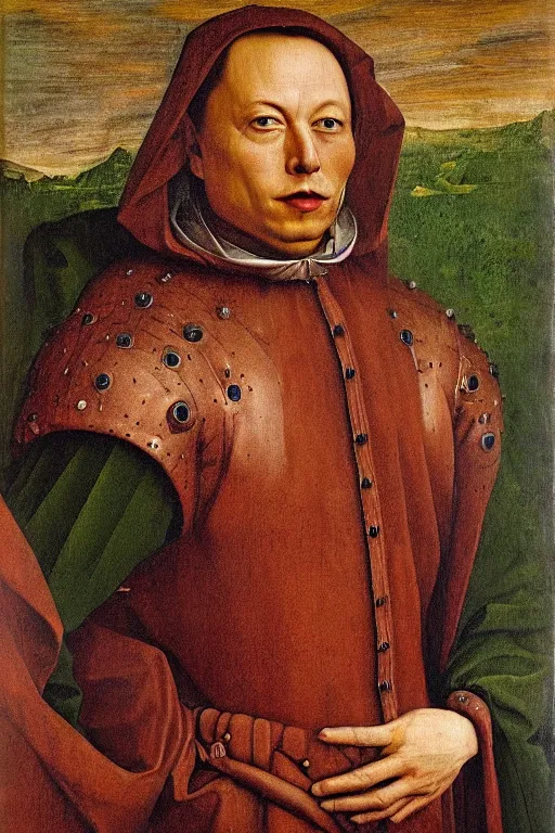 Image similar to renaissance 1 6 0 0 portrait of elon musk, oil painting by jan van eyck, northern renaissance art, oil on canvas, wet - on - wet technique, realistic, expressive emotions, intricate textures, illusionistic detail