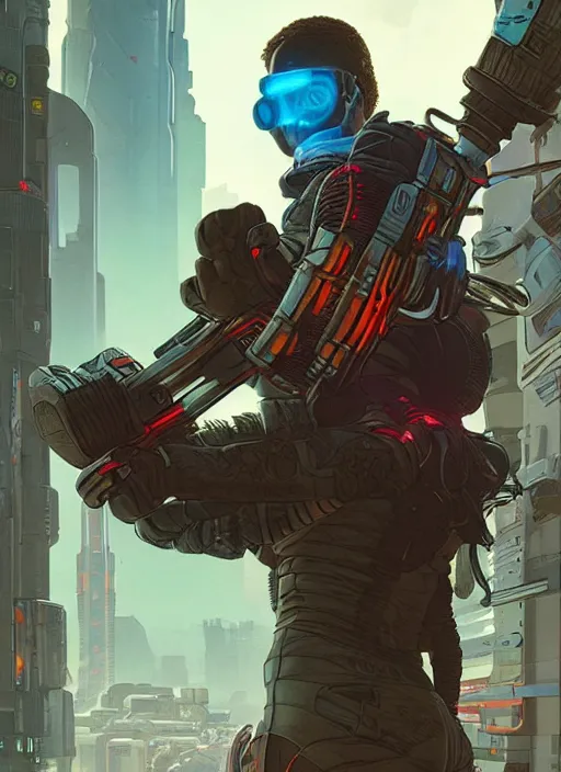 Image similar to apex legends cyberpunk weight lifter. concept art by james gurney and mœbius. cinematic, dramatic lighting ( cyberpunk 2 0 7 7 ), clean aesthetic