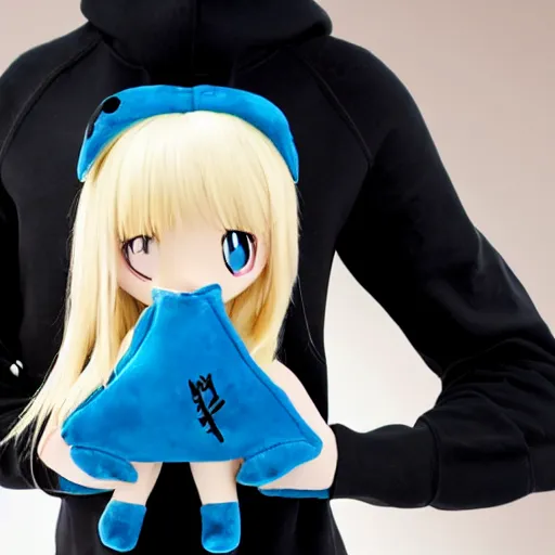 Image similar to a blonde-girl-in-a-black-hoodie holding a blue-shark-plush, anime style