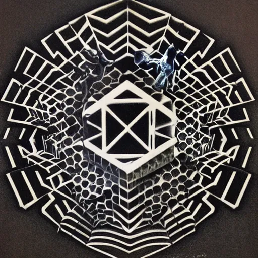 Prompt: razorpunk qr code of Dr. Manhattan disguised as the hexagonal hypercube portal odd nerdrum jonas de ro jim mahfood luis royo nicola samori aquatint embossing stamp