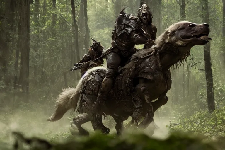 Image similar to vfx movie closeup detailed ancient armored warrior orc hunting riding large wolf in the forest, natural lighting by emmanuel lubezki