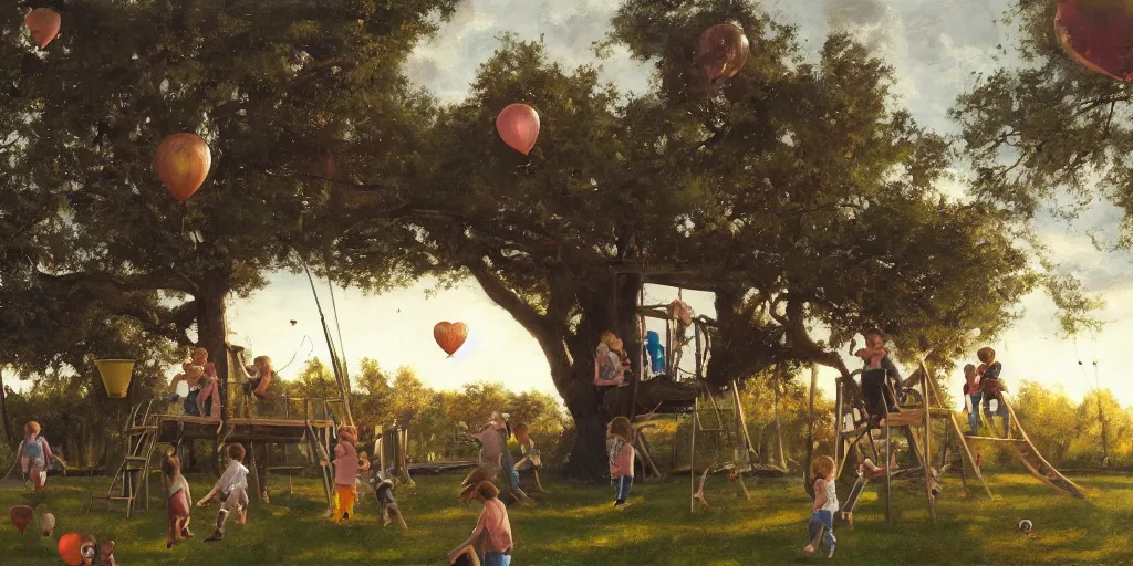 Image similar to masterful oil on canvas painting, eye - level view, shot from 5 0 feet distance, of kids playing in a treehouse. in the background human children run around having fun. golden hour, detailed, depth, volume, chiaroscuro, quiet intensity, limited color palette. in the background there are a couple of balloons floating in the sky.