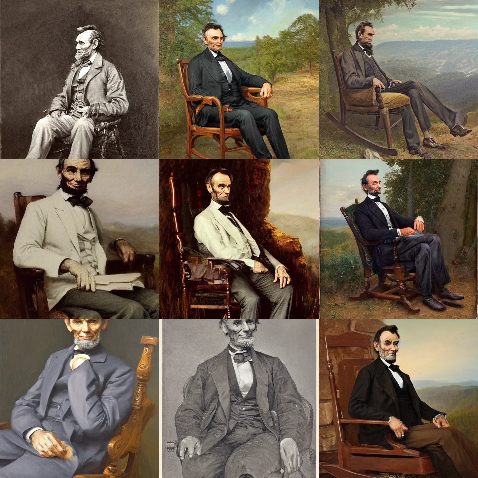Prompt: portrait of abraham lincoln, wrinkled, grey hair sitting in rocking chair, landscape of kentucky wilderness, oil on canvas by william sidney mount - 1 8 7 2, trending on artstation
